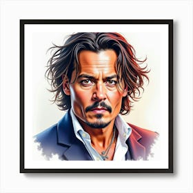 Hollywood Actor Johnny Depp In A Vibrant Watercolor Portrait, Expressive Gaze Art Print