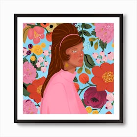 Pink Flowers And The 60's Girl Art Print