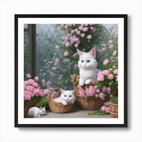 White Cats In Baskets Art Print