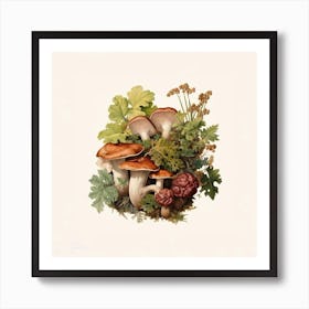 Mushrooms and heucheras - mushroom art print - mushroom botanical print Art Print
