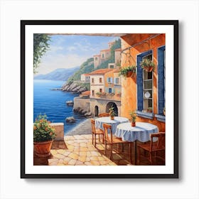 Oil Painting Of A Cafe In Italy With Ocean View Art Print