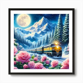 Train In The Snow Mountain Landscape Art Print