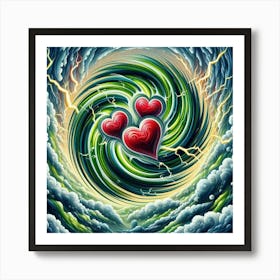 3 Dimensional Lightning With Multiple Green And White Swirls In A Vortex Of 3 Red Hearts Oil Painting 3 Art Print