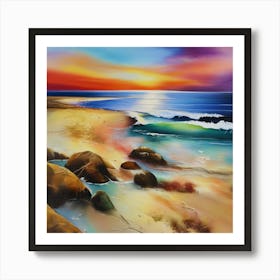 Artwork, oil colors, sea and sunset, seashore, beach rocks.San Francisco, USA.5 Póster