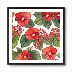 Botanical Wall Art Flowers Red Begonias Leaves #3 Art Print