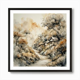 Watercolor Of Asian Village Art Print