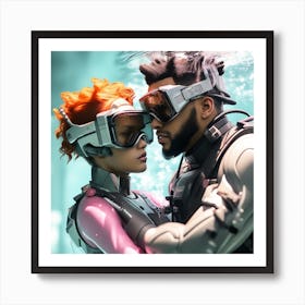 3d Dslr Photography The Weeknd, Xo Under The Sea Water Swimming Holding Each Other, Cyberpunk Art, By Krenz Cushart, Both Are Wearing A Futuristic Swimming With Helmet Suit Of Power Armor Art Print