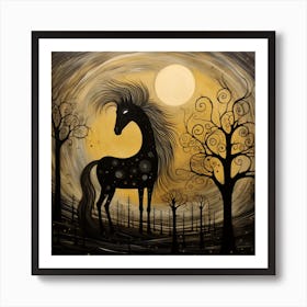 Black Horse In The Forest Art Print