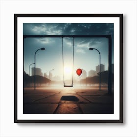 Red Balloon On A Swing Art Print