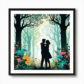 Couple Kissing In The Forest, Silhouettes Of Two People Hugging Surrounded By Elements Of Nature Flowers Trees Growing , Silhouette Of Couple In The Forest 1 Art Print