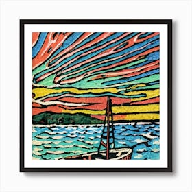 Oil painting of a boat in a body of water, woodcut, inspired by Gustav Baumann 8 Art Print