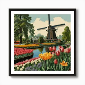 Tulips In The Windmill 1 Art Print