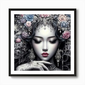 Chinese Woman With Flowers Art Print