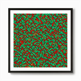 A Pattern Featuring Abstract Geometric Shapes With Edges Rustic Green And Red Colors, Flat Art, 108 Art Print