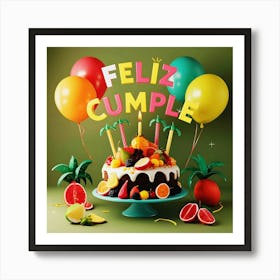 Feliz cumple and Feliz cumpleaños sign means Happy Birthday in Spanish language, Birthday party celebration gift with birthday cake candle colorful balloons best congratulation over light background wall artFeliz Cumple 44 Art Print