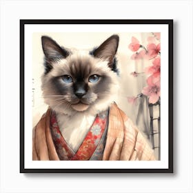 Serene Siamese Cat in Traditional Japanese Kimono Art Print