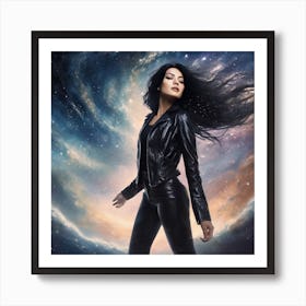 Create A Cinematic Scene Where A Mysterious Woman In A Black Leather Jacket Floats Gracefully Through The Cosmos, Surrounded By Swirling Clouds Of Stars And Galaxies 1 Art Print