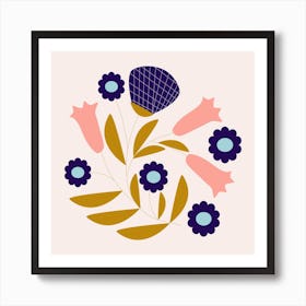 Dark Blue And Pink Retro Flower Composition 2 Art Print