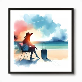 Watercolor Girl Sitting On The Beach Art Print