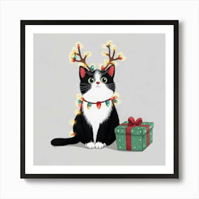 Christmas Cat with Lights: Cute Holiday Illustration, Festive Kitty Wall Art Art Print