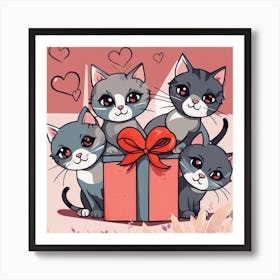 Cute Kittens With Gift Box Art Print