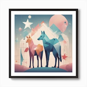 A Drawing In Pastel Colors Of Animals Light And Shadow And A Star, In The Style Of Bauhaus Simplici (1) Art Print