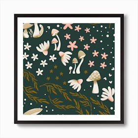 Mushroom Pattern On Green With Florals Square Art Print