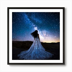 Cosmic Woman Draped In A Flowing Ethereal Gown Stands Beneath The Vast Nightfall Sky Stars Speckl Art Print