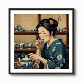 Asian Woman Drinking Tea Art Print