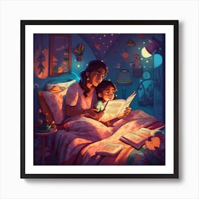 Mother And Daughter Reading In Bed Art Print