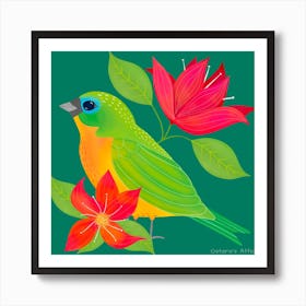 Tropical Folk Bird Green Palette Square Art Print