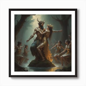 Satyr in the forest with women Art Print