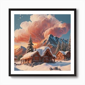 Mountain village snow wooden huts 13 Art Print