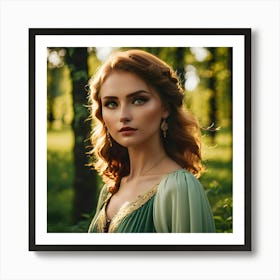 Beautiful Woman In Green Dress In The Forest Art Print