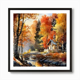 Autumn House By The River Art Print