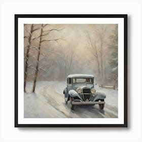 Old Car On Snowy Road Art Print