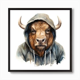 Watercolour Cartoon Bison In A Hoodie 1 Art Print