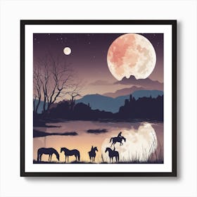 Cowboys In The Moonlight Art Print