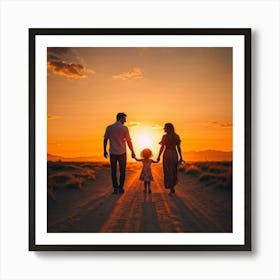 A Family Immersed In A Content Moment Walking Hand In Hand Against A Background Of A Sunset Graduall (6) Art Print