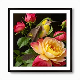 Hummingbird With Roses Art Print