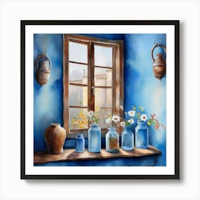 Blue wall. Open window. From inside an old-style room. Silver in the middle. There are several small pottery jars next to the window. There are flowers in the jars Spring oil colors. Wall painting.59 Art Print