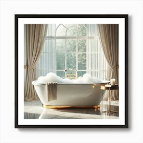 Luxury Bathroom Retreat Wall Art: A Gold-Accented Freestanding Tub in a Serene and Elegant Space for Sophisticated Home Decor Print Art Art Print