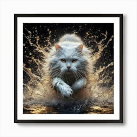 White Cat Splashing Water 1 Art Print