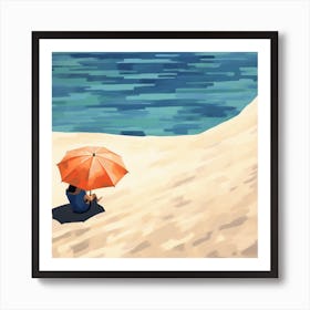 Woman Sitting On Beach With Umbrella Art Print