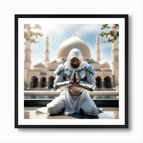 A 3d Dslr Photography Muslim Wearing Futuristic Digital Armor Suit , Praying Towards Masjid Al Haram, House Of God Award Winning Photography From The Year 8045 Qled Quality Designed By Apple Art Print