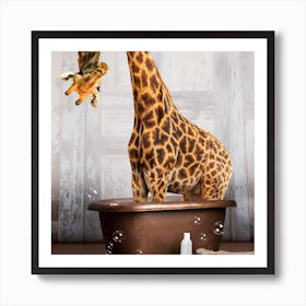 Giraffe In The Tub Square Art Print