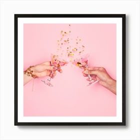 Two Hands Toasting Over Pink Background Póster