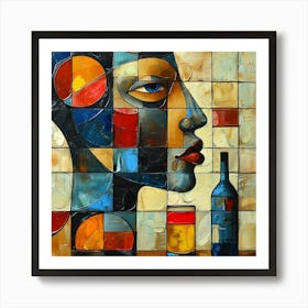 Mosaic Woman With Wine Bottle - colorful cubism, cubism, cubist art,    abstract art, abstract painting  city wall art, colorful wall art, home decor, minimal art, modern wall art, wall art, wall decoration, wall print colourful wall art, decor wall art, digital art, digital art download, interior wall art, downloadable art, eclectic wall, fantasy wall art, home decoration, home decor wall, printable art, printable wall art, wall art prints, artistic expression, contemporary, modern art print, Art Print