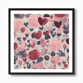 Seamless Pattern With Hearts And Flowers Art Print