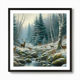 Deer And Birches In The Snow, Acrylic Painting Style Art Print